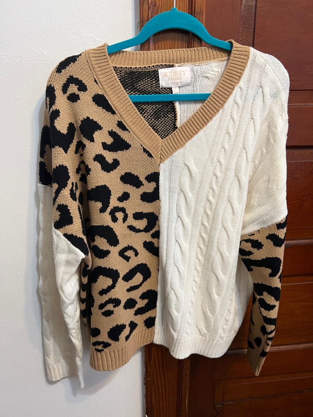 Francesca's Collections Two-Tone V-Neck Sweater in Tan, Black & White